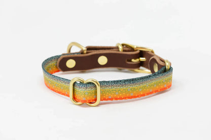 Leather & Brook Trout Print Adjustable Dog Collar (S-M)