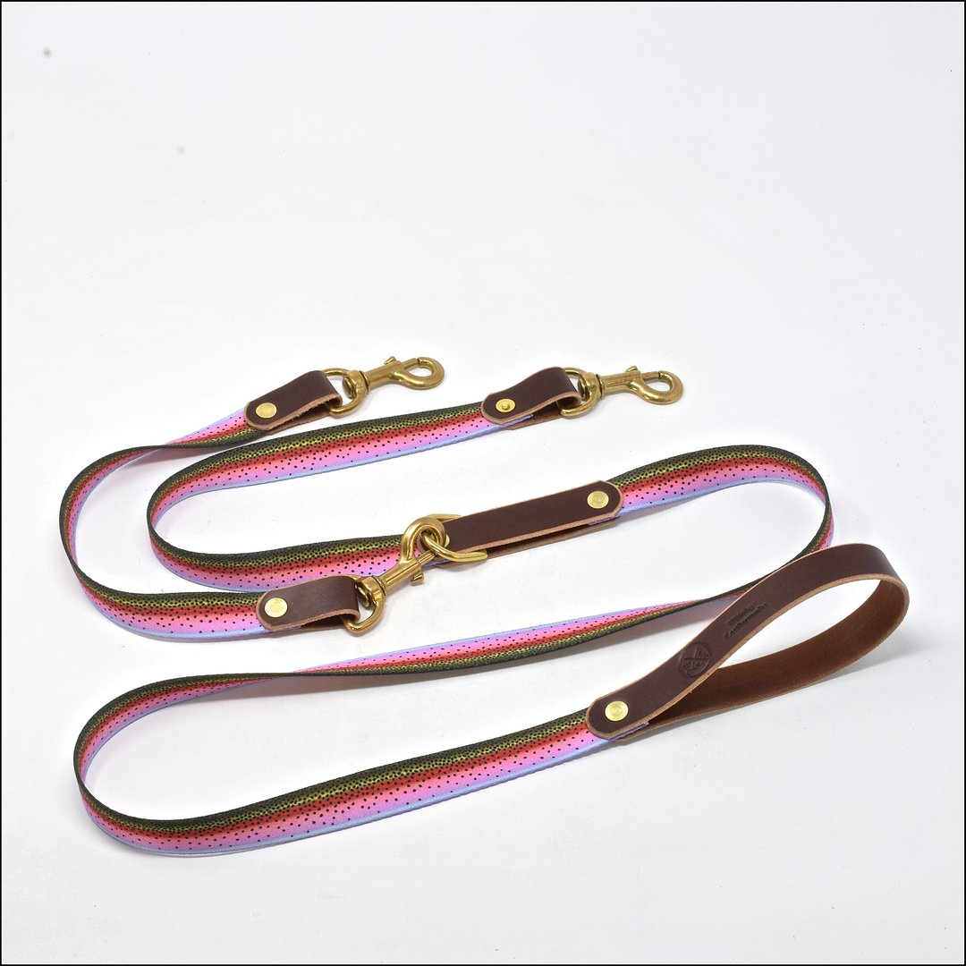Leather & Rainbow Trout Print Double Leash